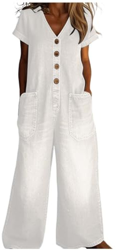 Zanisouta - Overol elegante para mujer con bolsillos de trabajo, mono festivo de boda, jeans de manga larga, pierna ancha, mono vintage de mezclilla desgastada, mono largo, pantalón holgado, O blanco
