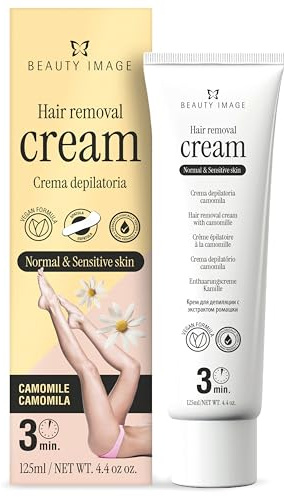 Crema Depilatoria Camomila Beauty Image 125ml – Depilación Rápida 3 Minutos, Piel Sensible, Sin Dolor, Espátula Incluida, Vegana, Dermatológicamente Testada