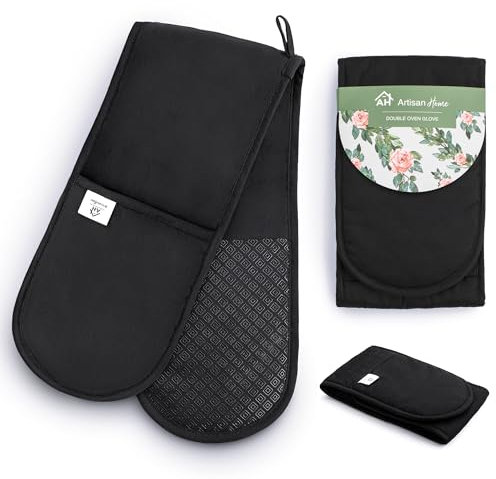 Black Double Oven Gloves | Maximum Heat Resistant Protection | Double Oven Mitt Potholders With Silicone Non-slip Design | Machine Washable Thick Oven Glove Potholders Home & Kitchen