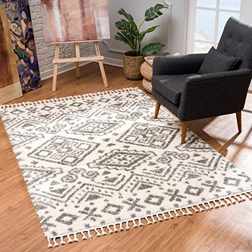 MyShop24 Teppich Wohnzimmer Hochflor Läufer - Creme 80x200cm - Schlafzimmer Soft Shaggy Flauschig mit Fransen - Rauten Muster Boho Design - Oeko Tex 100 Standard - Allergiker geeignet