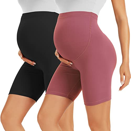 BONVIGOR Mammakort över magen graviditet motorcykelshorts träning yoga aktiv atletisk gravida byxor pyjamas, 2-pack-svart/mörkrosa, M