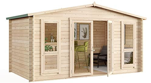 BillyOh Sasha 14 x 8 Log Cabin Summer House Shed – Wooden Garden Room with Apex Roof, Double Doors, Floor, Roof & Felt | Outdoor Office, Home Studio, Tiny Home & Lounge, Easily Assembled Garden House
