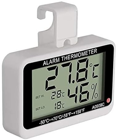 Pitasha Termometro per frigorifero termometro digitale per congelatore (da -58°F a 158°F), termometro con allarme e funzione di registrazione massima/minima con gancio (A0909B)