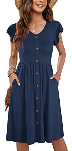MOLERANI Femmes Casual D'été sans Manches V Cou Décontracté Swing Taille élastique avec Poche Robe De Midi pour Les Femmes Bleu Marine XL