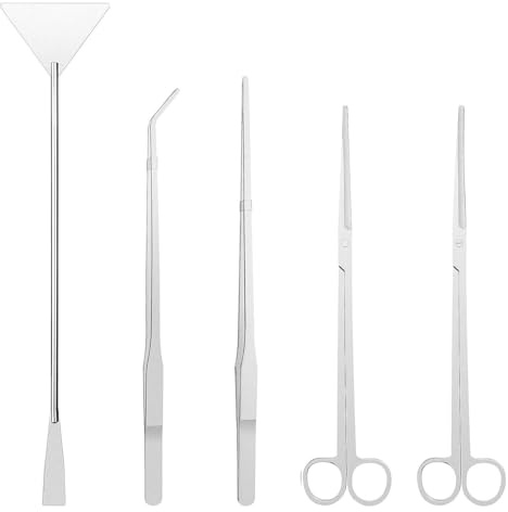 Xrten 5 in 1 Attrezzi Piante Acquario,in Acciaio Inox Acquatiche Set di Utensili Set Accessori per Acquari Pinzette per Piante Acquatiche Scissor Substrato Spatola Kit di Base per Strumenti Acquario