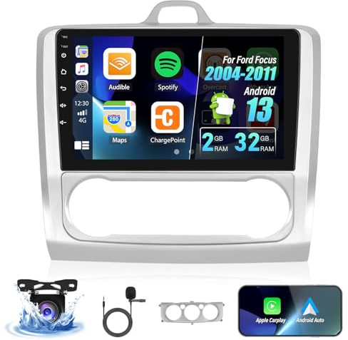 Android 13 2 Din Autoradio für Ford Focus Mk2/Mk3 2004-2011 mit Carplay Android Auto, 9 Zoll HD Touchscreen Radio Player mit Bluetooth WiFi GPS FM EQ Mirror Link