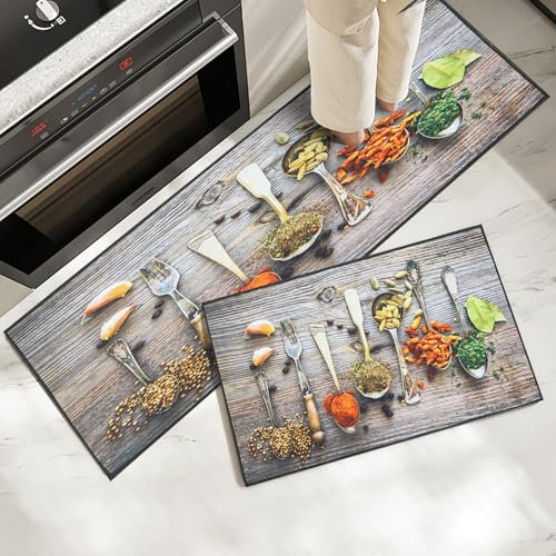 7VSTOHS Juego de Alfombras de Cocina Antideslizantes de 2 Piezas, Tapete Cocina Antideslizante Resistente al Aceite, Adecuado para Cocina, Baño, Sala de Estar, 43x75 + 43x120 cm