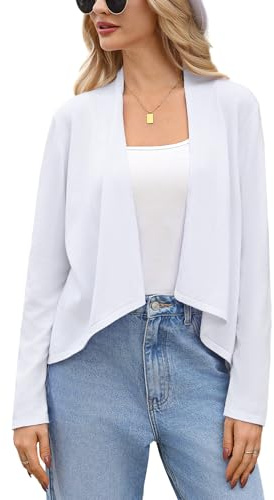 Wayleb Cardigan Donna Corto Bolero Elegante Cotone Cardigan a Maniche Lunghe Casual Irregolare Aperto Coprispalle Leggera Giacca Maglieria per Primavera Autunno, Bianco L