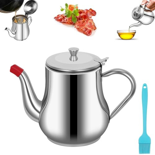 FYBlossom Fetttrennkanne Ölsieb Topf Edelstahl Fettbehälter, Ölbehälter Fettkanne Mit Sieb Und Bürste, Soßenkanne Saucenbehälter Fettabscheider Zum Aufbewahren Von Frittieröl Und Kochfett (24oz)