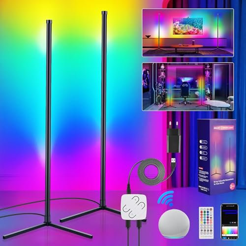 Lampada da Terra LED, WiFi RGBIC Lampade da Terra con Alexa/Google Home, Sincronizzazione Musicale, 16 Milioni di Colori, DIY Modalità, Piantana Lampada da Terra per Salotto, Sale Giochi (2 Pcs)