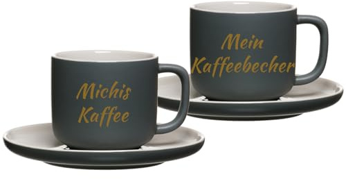 LUXENTU Personalisierte Kaffeetassen mit Untertassen Jasper 2er Set, 200 ml, Goldgefärbte Gravur auf Tassen, 2-zeiliger Gravurbereich für individuellen Text, Steinzeug, Grau