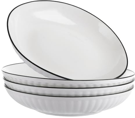 YAYODS Ceramic Pasta Bowls Set of 4, 8 Inch White Salad Bowl with Black Vertical Stripes, Shallow Dinner Bowls for Pasta, Salad, Soup, Microwave & Dishwasher Safe