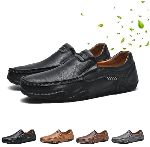 AMOUSDRDR Mocassins orthopédiques à enfiler fabriqués à la main pour homme, mocassins décontractés en cuir, chaussures plates de travail, Noir , 44 EU