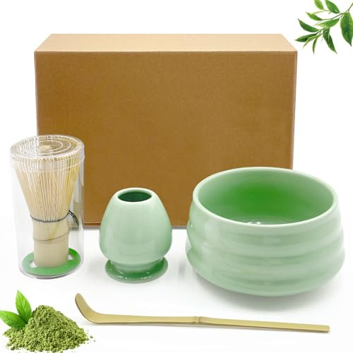 Druuzyl 4 pezzi Set di ciotole in ceramica per matcha, ciotola per matcha, frusta per matcha, spatola, porta scopa per matcha per la cerimonia del tè.