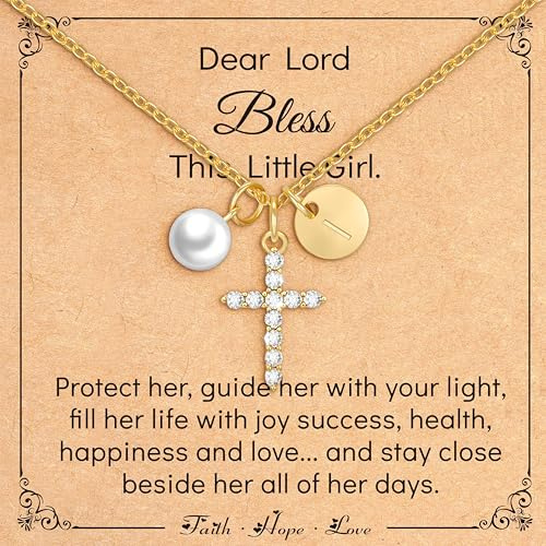 Miss Chipmunk Cross Pearl Initial Necklace for Girls,First Communion Baptism Confirmation 14K Gold Plated Little Girls Jewelry Gifts for Teenage Daughter Best Friend(Initial I)