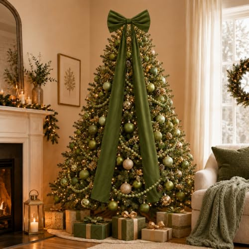 Knitgrip 20 x 71 Inches Christmas Extra Large Velvet Bows Christmas Tree Topper Decor Giant Xmas Tree Toppers Bows for Home Wreath Wall Backdrop Birthday Wedding Party Decorations(Moss Green)