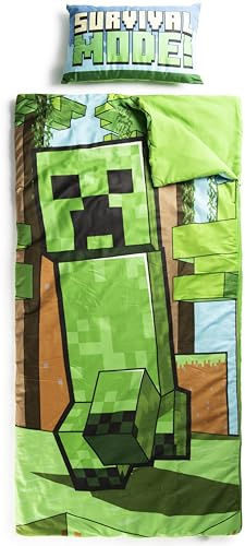 Sac de Couchage Minecraft Creeper avec Oreiller intégré, Ensemble Couverture et Oreiller, Tapis de Sieste avec poignée de Transport, 2 pièces