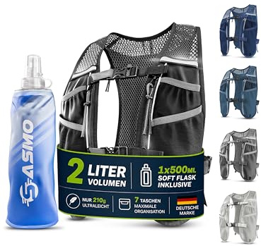 SASMO Gilet de course pour homme et femme avec gourde 270 g ultra léger | Gilet d'hydratation pour course à pied, sac à dos d'hydratation, 8 poches, compatible avec poche d'hydratation de 2 l