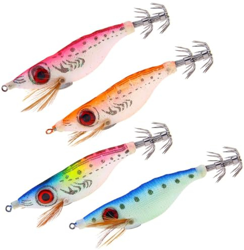 4 esche per pesca alla seppia, calamari, polpi, gamberetti, ami di calamaro, trota persiana