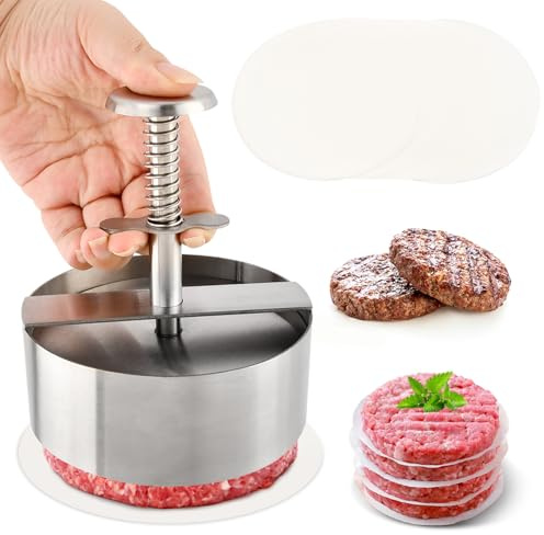 Quivorant 4.5 Burger Maker Press with 50 Patty Papers, 304 Stainless Steel Adjustable Non-Stick Hamburger Patty Maker, for Kitchen BBQ & Sandwich, Beef, Vegetables, Meat, Party Grill, Easy Release