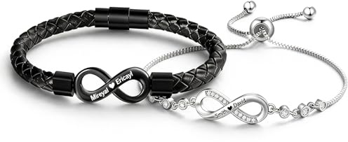 Amsgedhie Pulseras Personalizadas para Parejas con Nombres, Pulseras Hombre y Mujer con Grabado Ajustable, Regalos Aniversarios, San Valentín, Navidad, Novios y Novias (Negro+Plata)