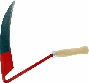 Sensensichel, geschmiedet, mähfertig gedengelt, Holzgriff