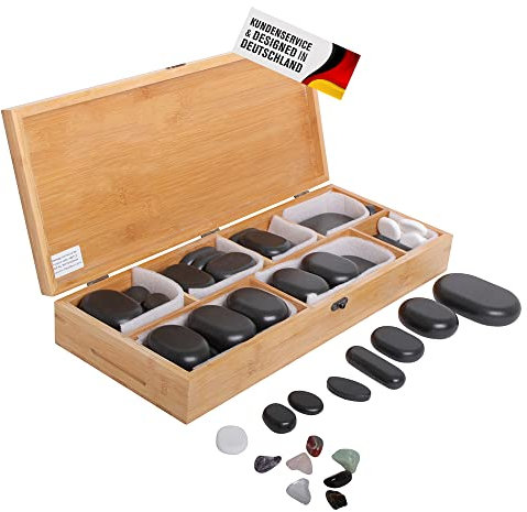 Hot Stone Steine Set In Verschiedenen Größen Aus Basalt Mit Dekorativer Holzkiste Für Wellness Spa Wärmebehandlung und Wärmetherapie - Professionelled Heiße Steine Set (64 Hot Stone)