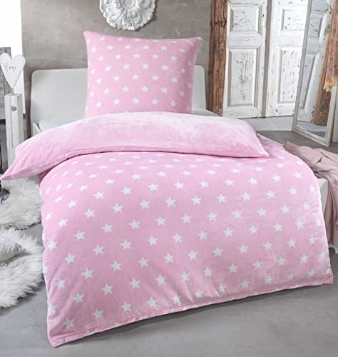 MALIKA, biancheria da letto invernale in pile con stelle e stelle, double-face, in pile corallo, disponibile in diversi colori e dimensioni, colore: rosa, dimensioni: 155 x 220 cm