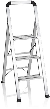 hjh OFFICE Klappleiter SOLID V - 3 Stufen - Aluminiumleiter klappbar - Arbeitshöhe 223 cm - Große Trittfläche - Stabil & platzsparend