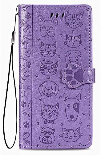 Fertuo Fodral för iPhone 12 Pro/iPhone 12, Flip plånboksfodral i läder med korthållare, magnetisk stängning [katt hund mönster] stötsäkert fodral för iPhone 12 Pro, lila