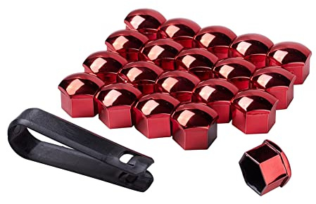 JSCARLIFE 20 tapas de tuerca de rueda, cubiertas universales para tuercas de neumático, tapas de tuercas de rueda con herramienta de extracción para automóviles (rojo, 17 mm)