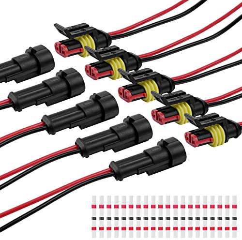 URAQT 2 Polig Kabel Steckverbinder Stecker, 5 Sätze Wasserdichter Stecker Kabel Steckverbinder Stecker mit Kabel 16 AWG Marine für Auto KFZ LKW Kayak Boote Roller Motorrad (mit 20pcs Lötverbinder)