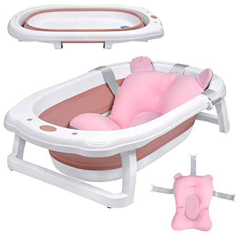 UISEBRT Faltbare Baby Badewanne Babywanne Kinderbadewanne Baby-Duschwanne mit Ergonomischem Badekissen Platzsparend Anti Rutsch Badewanne für Neugeborene, Babys ab 0 Monaten, Rosa