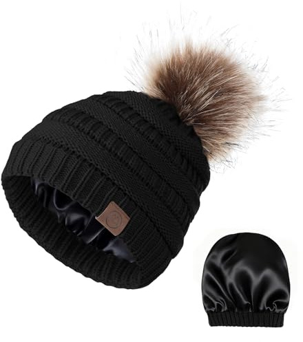 Satin Lined Beanie Winter Hats Silk Lining for Women Silk Lined Hat Slouchy Beanie with Pom A Black