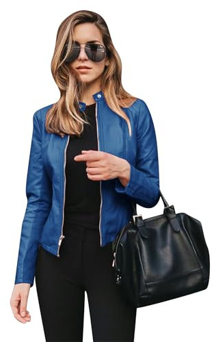 TYQQU Damen Faux Tan Mode Lederjacke Schlank Kurz Jacke Winddicht Baseball Jacke Blau L