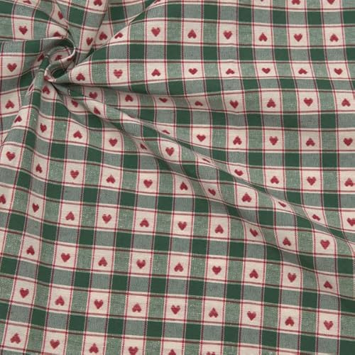 STOFFKONTOR Dekostoff Stoff bedruckt Landhaus Herzen 2 - Meterware, Farbe Grün-Rot - zum Nähen von Tischwäsche, Kissen, Vorhängen, Dekoartikeln uvm.