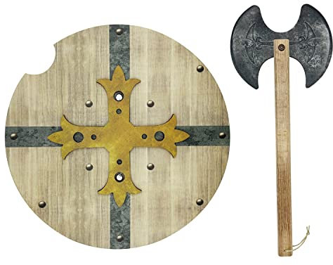 Mittelalterliches Spielzeug Schild und Axt aus Holz - Spielzeug für Jungen und Mädchen - Spielzeug für Kinder, Mittelalterliche Kostüme, Vikinger, Ritter, Thor, Ragnar, Ritter (Grau)