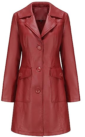 GITVIENAR Trench-coat en cuir à manches longues pour femme - Longue veste en cuir avec col montant et boutonnage simple - Manteau élégant pour femme, rouge bordeaux, XXXL