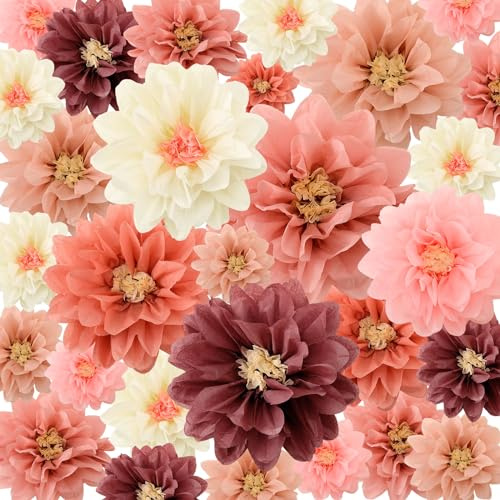 Geyee 18 Pcs Mexican Paper Flowers Colorful Fiesta Tissue Paper Flowers Pom Poms Mexican Carnival for Floral Party Backdrop Wedding Birthday Party Craft, 6 8 10(Vintage Color)
