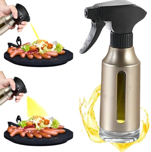 Oil Sprayer for Cooking, Olive Oil Sprayer, 180ml Oil Spray Bottle for BBQ, Roasting, Salad, Kitchen Gadgets Accessories for Air Fryer. Thick Glass, Fan mist, Strong Spray Force. (Classic, Gold)