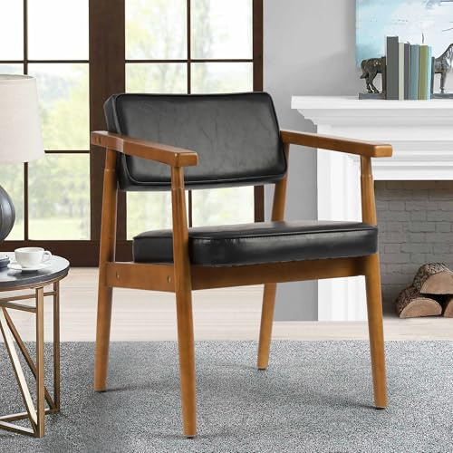 LSSPAID Mid Century Dining Chairs with Wooden Handrail, Black Upholstered Pu Leather Armchair Comfy Backrest Modern Kitchen Chairs for Bedroom Living Room Dining Room, Set of 1