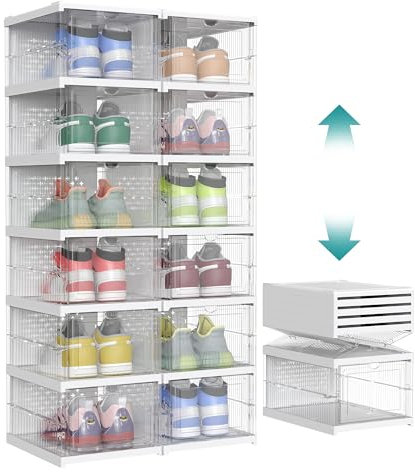 SONGMICS Cajas para Zapatos, Juego de 12 Organizadores Apilables para Zapatos, Juego de 2 Zapatero Plegable y Portátil, hasta talla 46, Montaje en 60s, Transparente y Blanco Nube LSP206W01