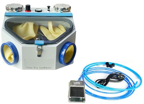 LMYYDES Sandstrahler, Professionelles Labor-Sandstrahlgerät mit Doppelstift und feinem Sandstrahlgerät, Fußpedalsteuerung, Dental-Sandstrahlen mit LED und Glasfenster