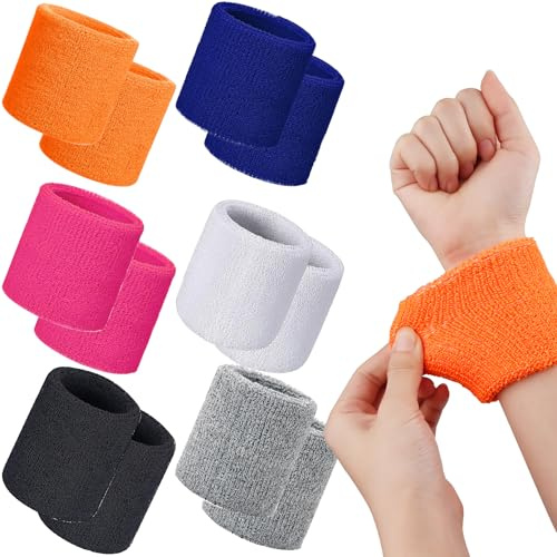 Svetsband, 12 stycken svettband handled, absorberande svettband barn, sport svettband armband mjuk bomull, arm svettband för tennis, handboll och löpning 6 stilar
