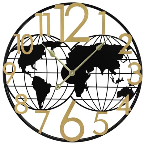 JUMBO DECOR Large World Map Wall Clock, 24 Inch Metal Modern Wall Clock, Golden Big Numerals Battery Operated Vintage Industrial Farmhouse Wall Clocks for Living Room Bedroom Kitchen Home Decor