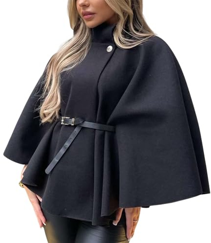 Crazy Fashion Women’s Belted Cape Plain Poncho For Ladies Oversized Shawl Wrap Fashionable Elegant Scarf Coat Sweater Open Front Warm Winter Women Cardigans (Black, UK 8-16)