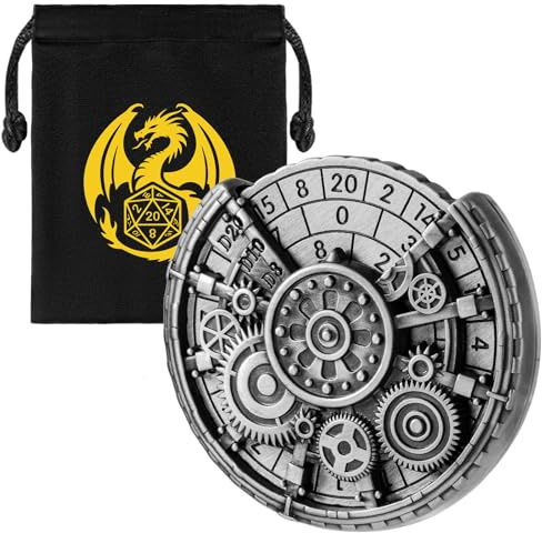 Ingranaggio Cavo DND Ruota Dadi Spinner, 7-in-1 Metallici D&D Spinner di Dadi, Ingranaggio Cavo D&D Roulette, Regali DND, Sacchetto Regalo con Logo Drago, Accessori per Gioco di Ruolo, Argento Scuro