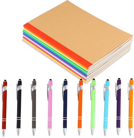 Wisebom 10 Stück Notizheft mit Regenbogen Rücken und Kugelschreiber Set, 1.0 mm Kugelschreiber mit Touchpen Kraft Notizbücher Notizbuch A5 für Büro und Haushalt