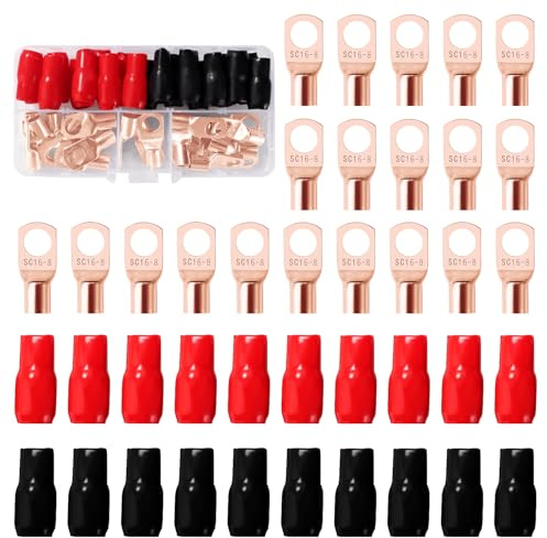 YIXISI 40 ST M8 SC16-8 AWG6 Ringterminaler Set, Rörformade Batterikabeländar, Koppartrådterminaler, med Isoleringshylsor, för Elkabel, Gyllene