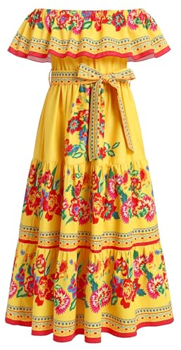 EFOGEP Robe mexicaine pour fille - Robe d'été bohème florale - Épaules dénudées - Traditionnelle Cinco De Mayo Fiesta - Robe folklorique bohème - Robe longue avec ceinture